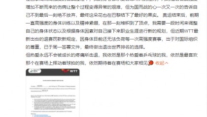 陈梦、樊振东发文:退出WTT世界排名
