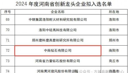 豫西集团中南钻石有限公司入选2024年度河南省创新龙头企业