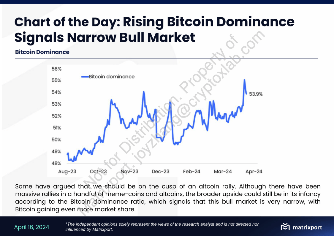 比特币市占率超53％》Matrixport：山寨币恐难大爆发，BTC太强势
