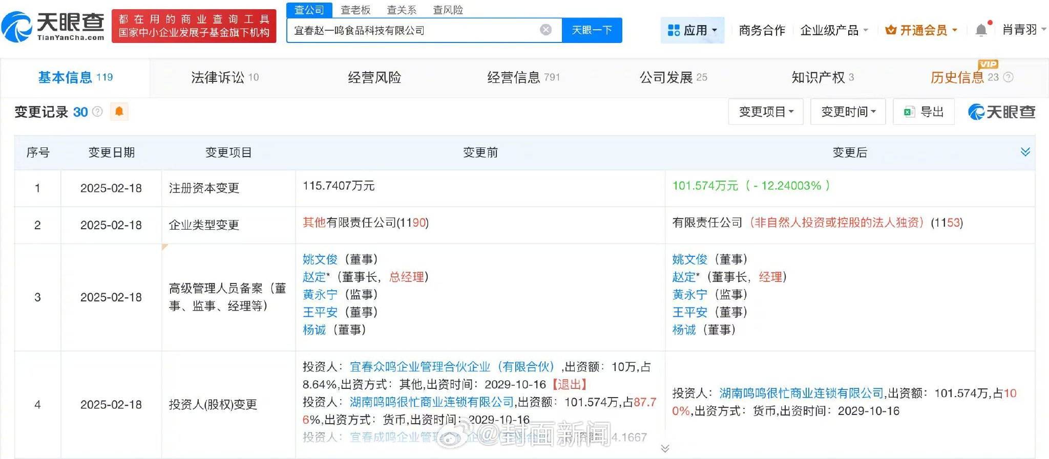 赵一鸣零食门店用糖找零引关注,公司注册资本减至101.6万